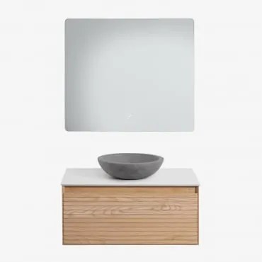 Conjunto De Móvel De Casa De Banho Em Madeira De Freixo Tedrik Castanho Fresno & Cimento Cinzento Redondo Ø40 Cm Tarsis & Led - Sklum