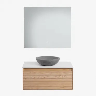 Conjunto De Móvel De Casa De Banho Suspenso Em Madeira De Freixo Tedrik Castanho Fresno & Cimento Cinzento Redondo Ø40 Cm Tarsis & Led - Sklum