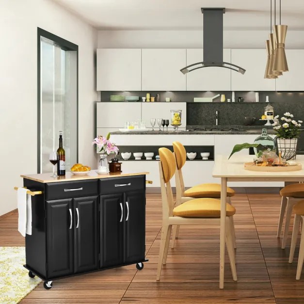 Carrinho para ilha de cozinha com tampo de madeira Estantes ajustáveis 2 gavetas grandes 122 x 48 x 92,5 cm Preto