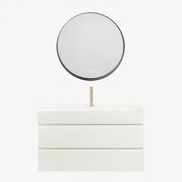 Conjunto De Móvel De Casa De Banho Suspenso Em Madeira E Folha De Freixo Com Lavatório Integrado Ona Branco & Redondo Led - Sklum