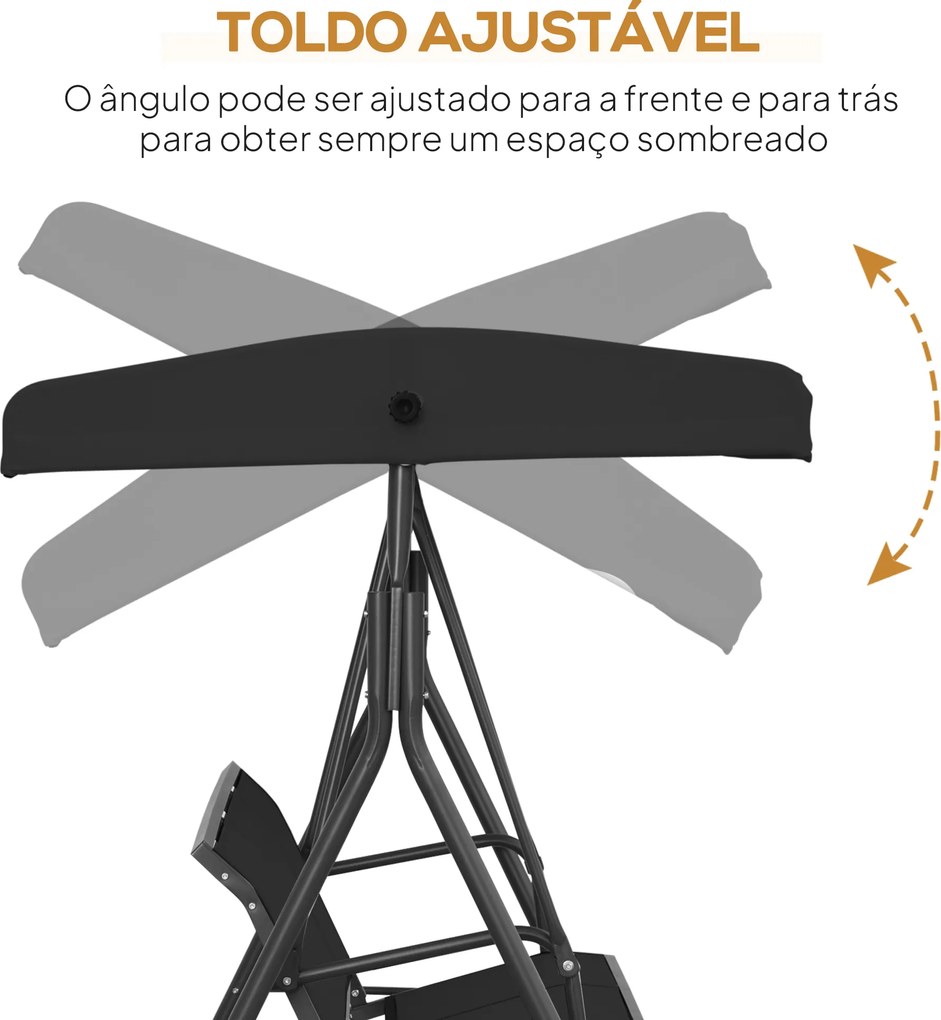 Baloiço de Jardim Exterior de 3 Lugares com Toldo Reclinável Assento Respirável e Estrutura de Aço 175x118x159 cm Preto