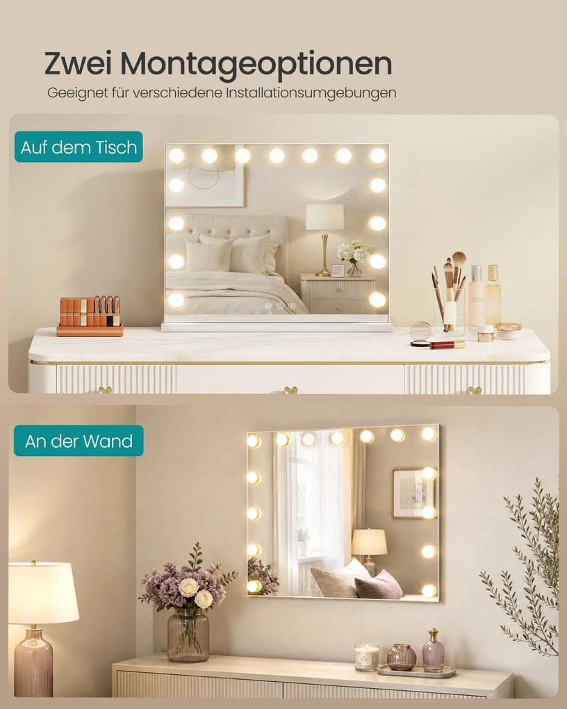 Espelho de maquilhagem 48 x 58 x 5,7 cm estilo Hollywood com 15 LEDs reguláveis Branco