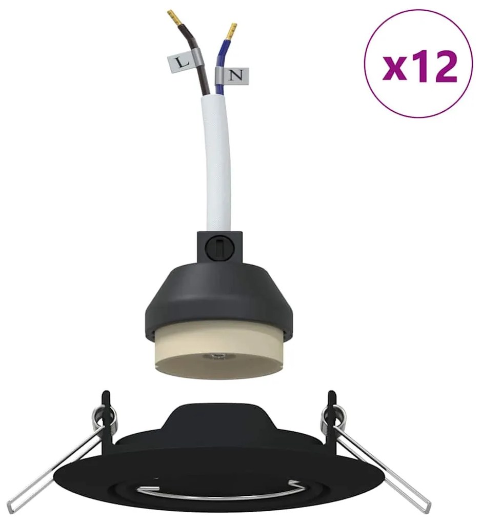 Luminárias Embutidas 12 pcs Redondas GU10 Pretas Ø90 mm em Aço