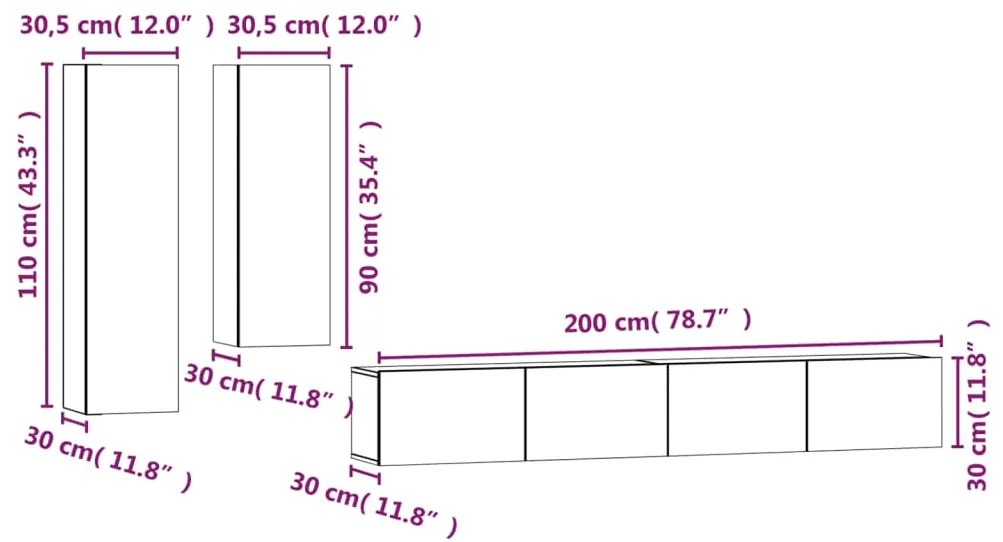 Conjunto móveis de TV 4 pcs madeira processada preto