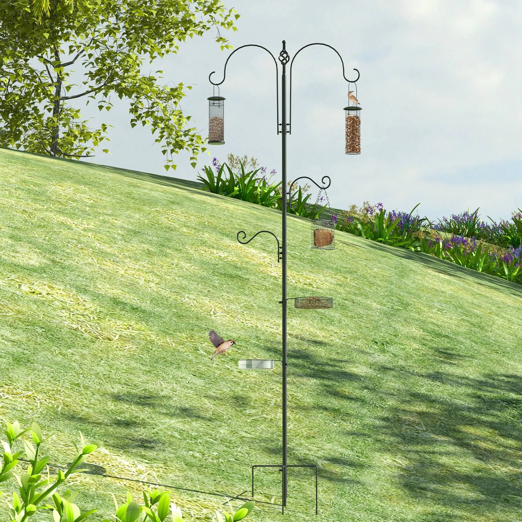 Alimentador para pássaros em aço, comedouro para pássaros com pé de 208H cm e 4 ganchos, preto