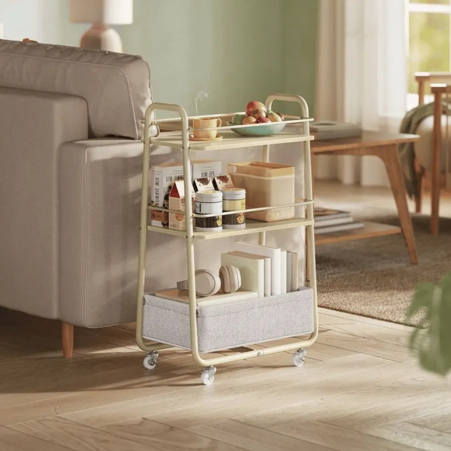 Carrinho cozinha com cesto de tecido 43 x 30 x 81 cm bege natural-branco creme