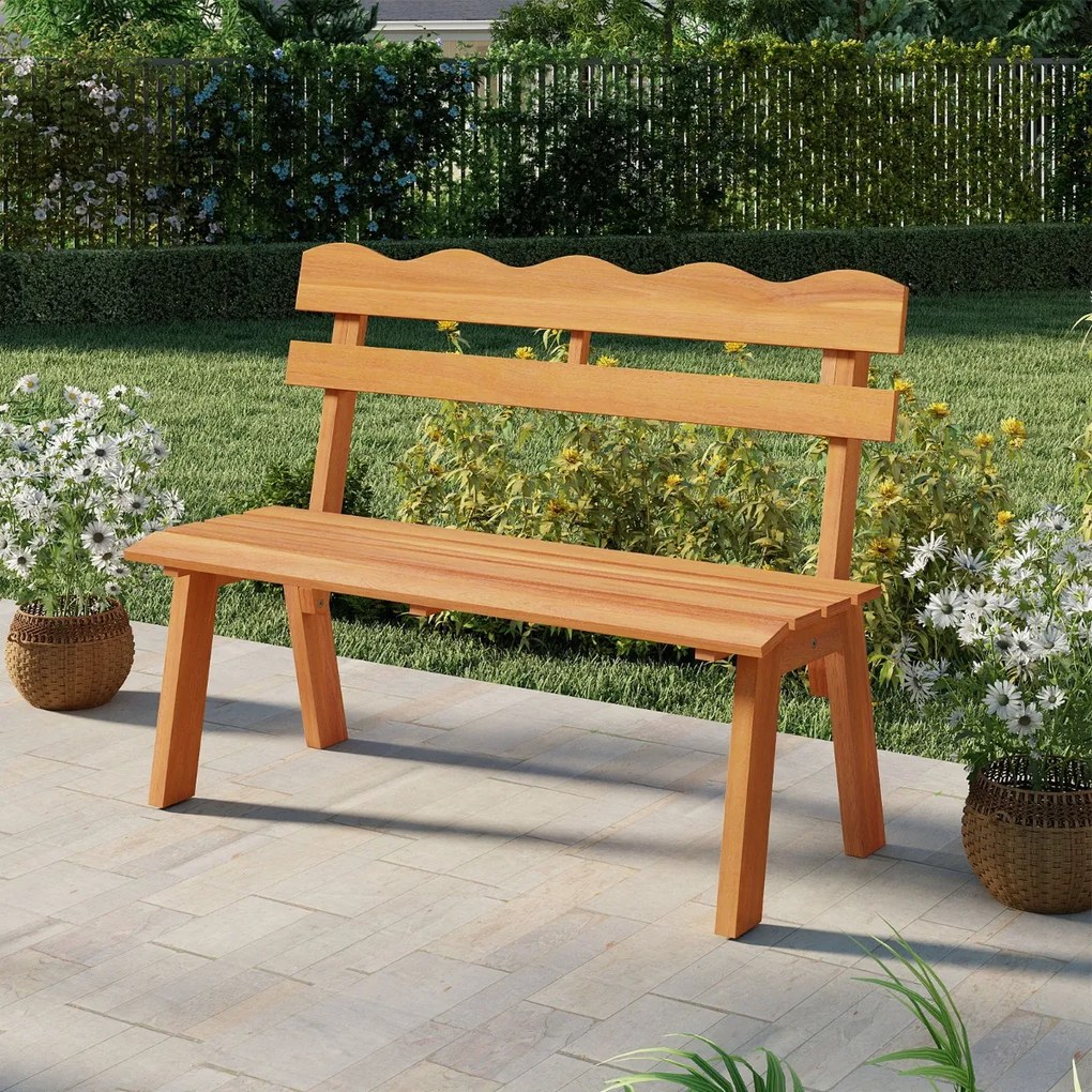 Banco de jardim 47,5 x 105 x 80 cm em madeira de acácia para exterior, 360 kg, 2 pessoas, encosto ondulado, assento com ripas, varanda, alpendre Natur