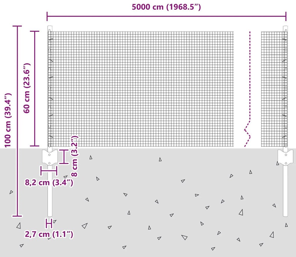 Cerca de Arame Soldado com 22 Estacas em U Cinza 0.6x50 m Aço