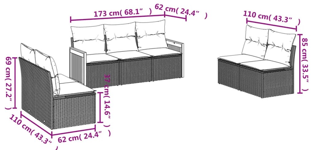 7 pcs conjunto de sofás p/ jardim c/ almofadões vime PE preto