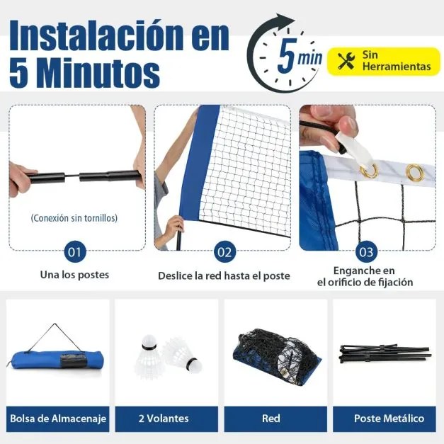 Rede de badminton 310 cm portátil ajustável em altura com postes, bolsa de transporte e 2 penas para interior e exterior azul.