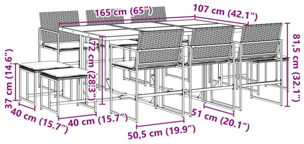 11 pcs conjunto de jantar p/ jardim c/ almofadões vime PE preto