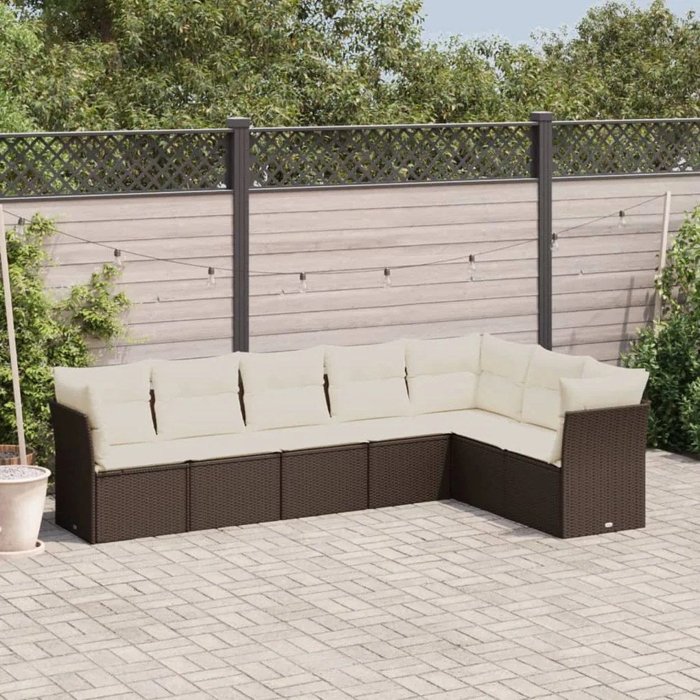 7 pcs conjunto de sofás jardim c/ almofadões vime PE castanho