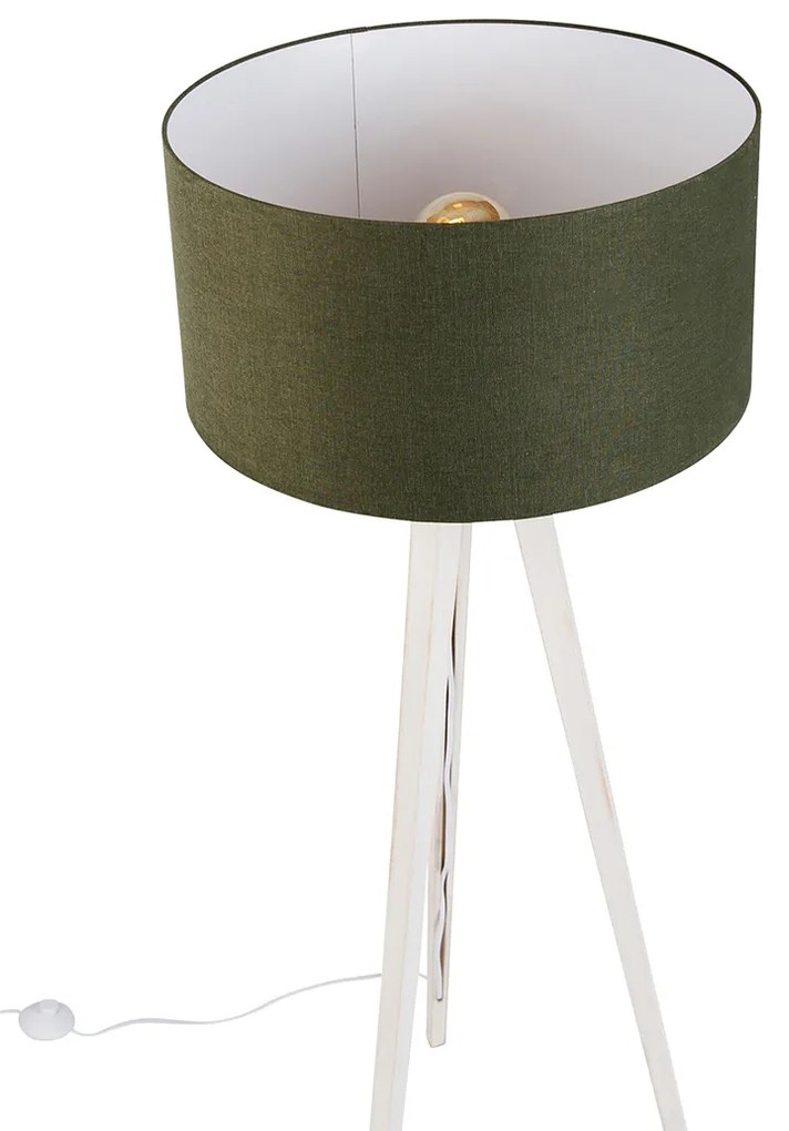 Candeeiro de pé tripé branco com abajur de tecido verde escuro 50cm - Tripod Classic Rústico ,Moderno