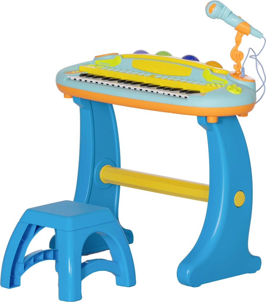 Piano eletrónico infantil de 37 teclas, com microfone, banco, luz LED e função de gravação e reprodução azul