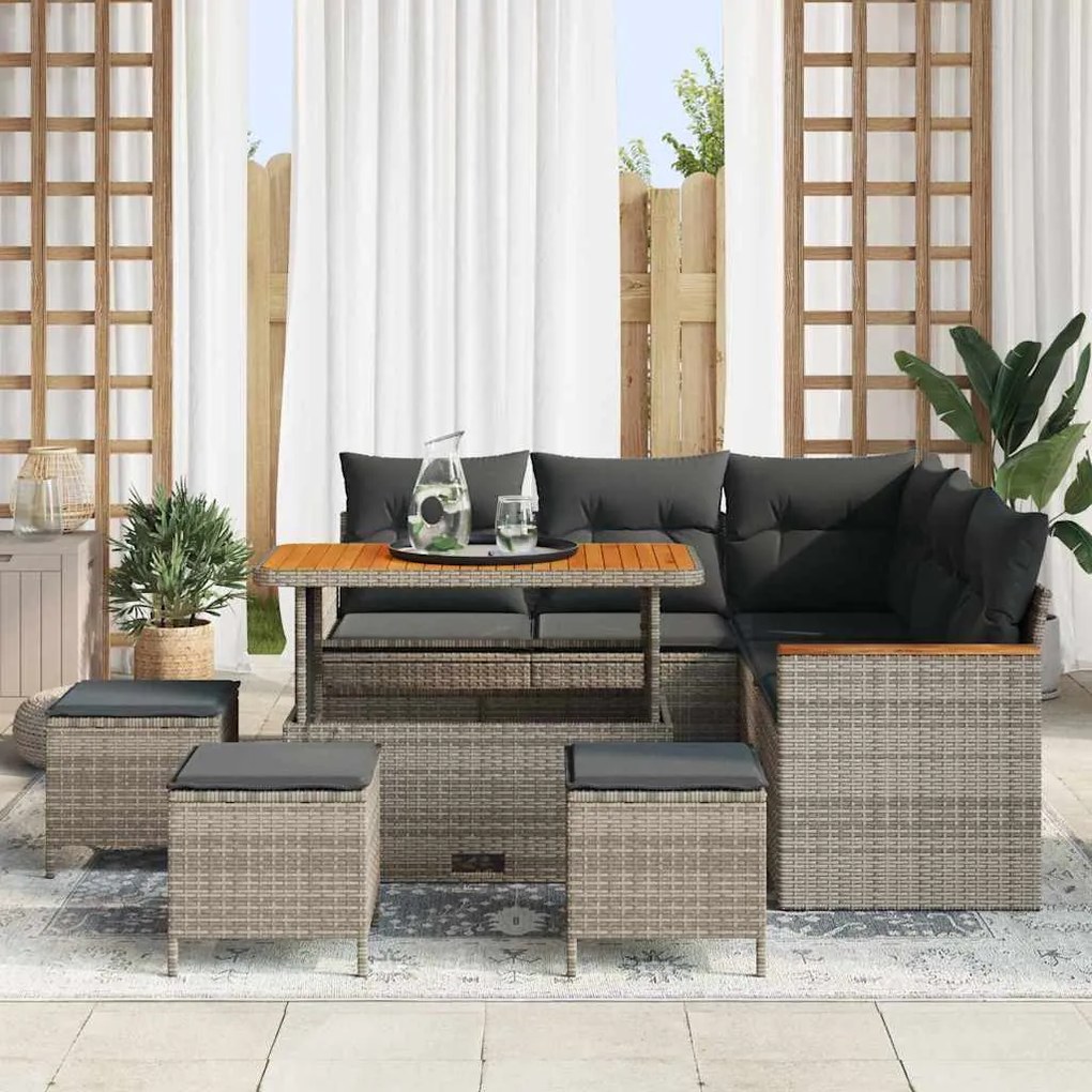 Conjunto de Sofá de Jardim com Almofadas 9 Peças Cinza Vime Polipropil
