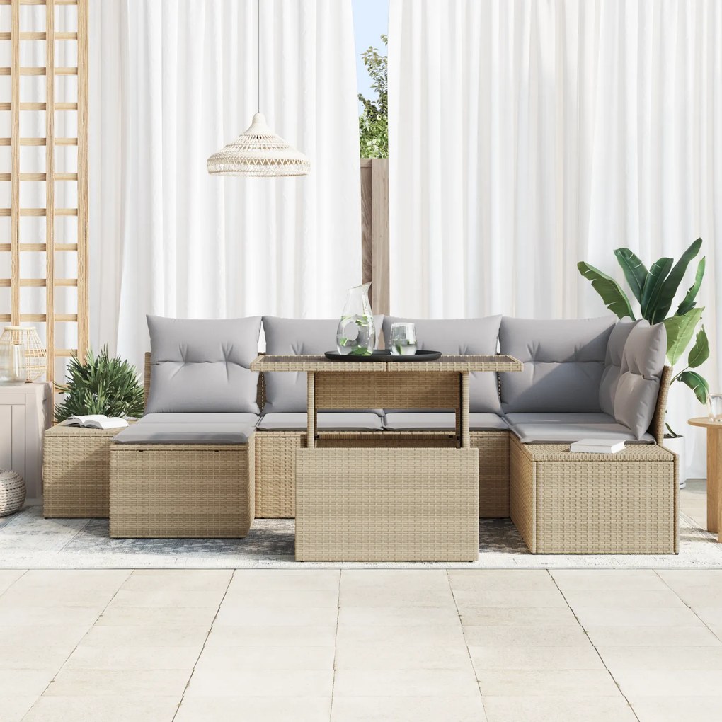 Conjunto de Sofá de Jardim 7 Peças com Almofadas Bege em Rattan Sintét