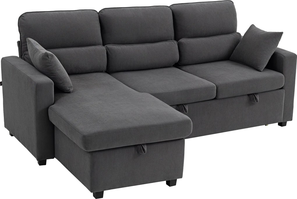 HOMCOM Sofá-cama Ajustável, Sofá de Hóspedes em L com Função Cama, Baú, Almofadas, para Sala de Estar, Quarto de Hóspedes, Cinza Escuro | Aosom Portugal