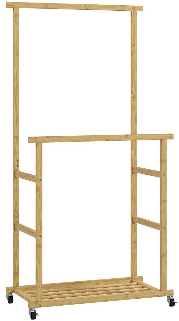 HOMCOM Charriot com Rodas de Bambu com Sapateira 2 Barras para Pendurar para Entrada Corredor Quarto 80x40x160 cm Madeira | Aosom Portugal