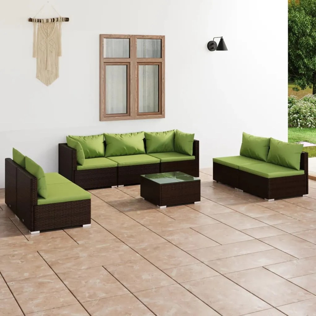 vidaXL 8 pcs conjunto lounge jardim c/ almofadões vime PE castanho