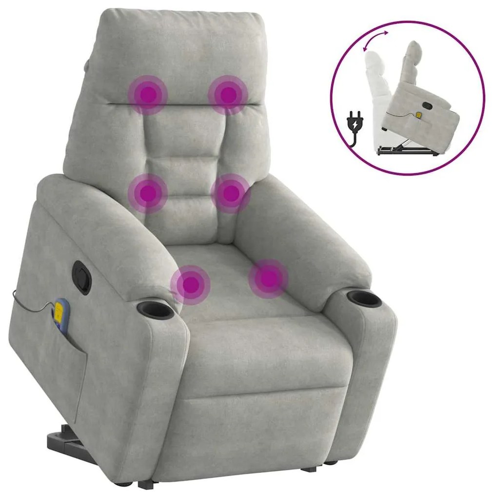 vidaXL Poltrona massagens reclinável elevatória microfibra cinza-claro