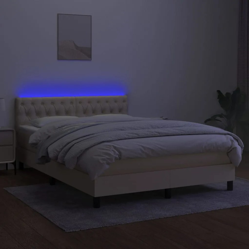 Cama box spring c/ colchão e LED 140x190 cm tecido cor creme