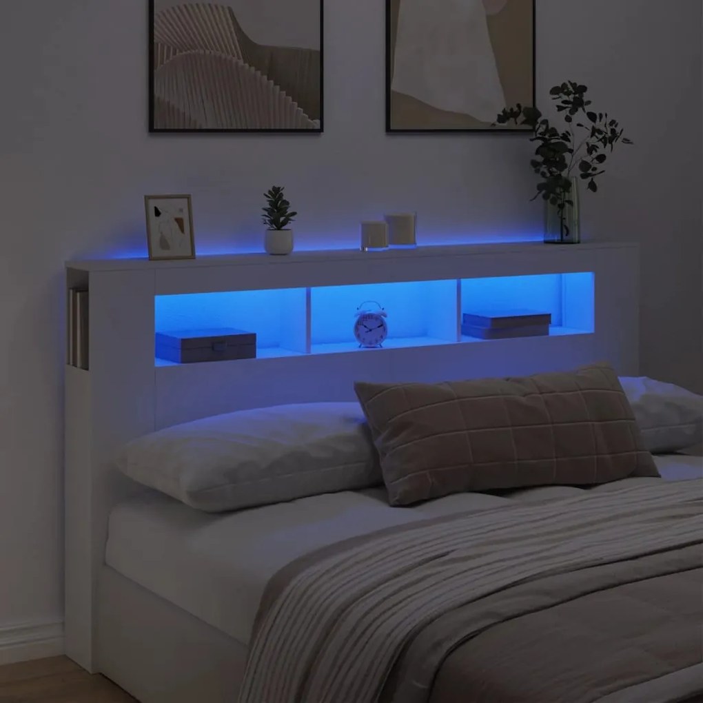 Cabeceira cama c/ LEDs 180x18,5x103,5 cm deriv. madeira branco