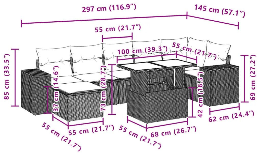 8 pcs conjunto de sofás p/ jardim com almofadões vime PE bege
