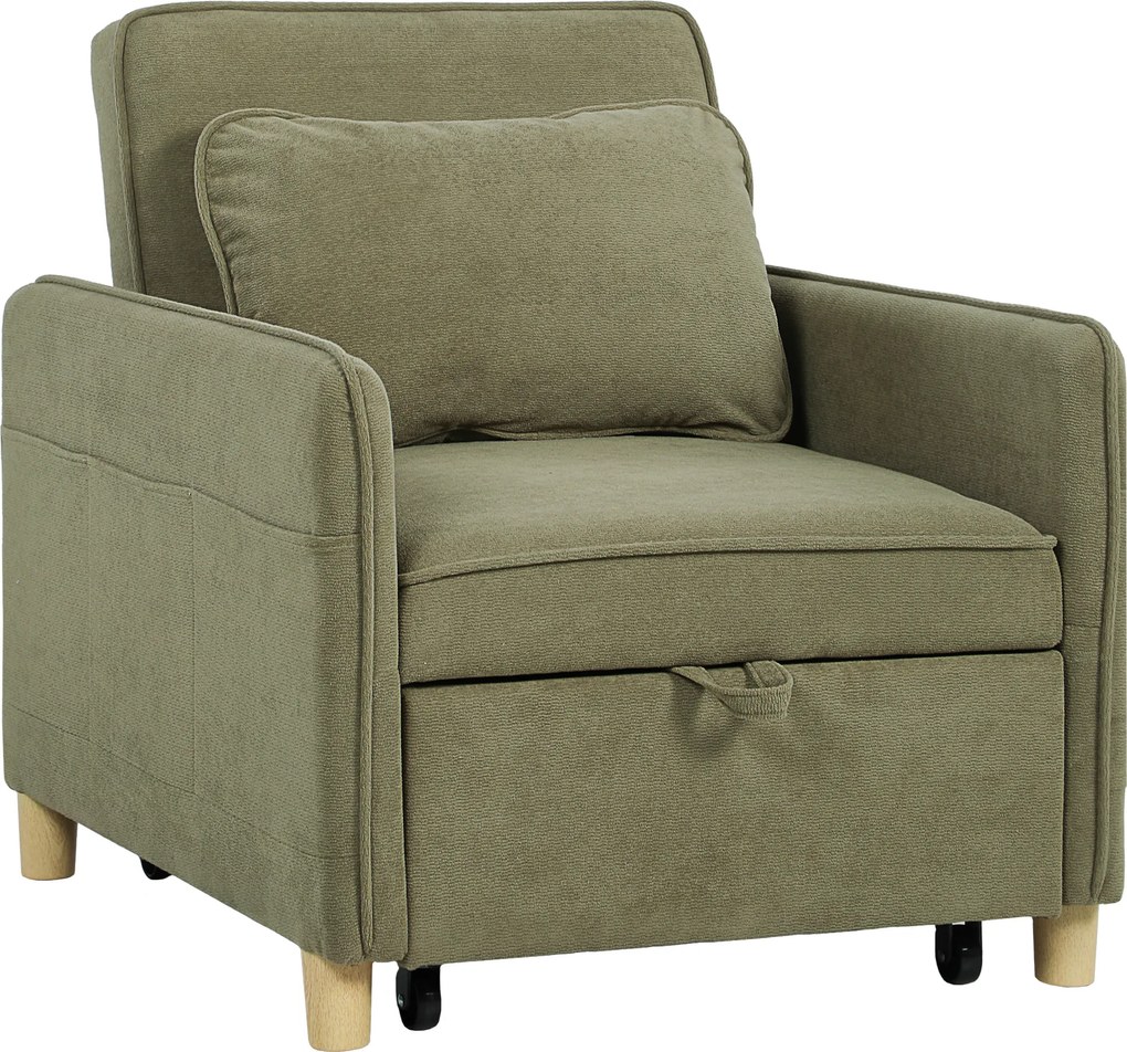 HOMCOM Poltrona Cama Estofado em Veludo Ecológico com Encosto Ajustável 3 Níveis 6 Bolsos Laterais 74x85,5x82 cm Verde Claro | Aosom Portugal