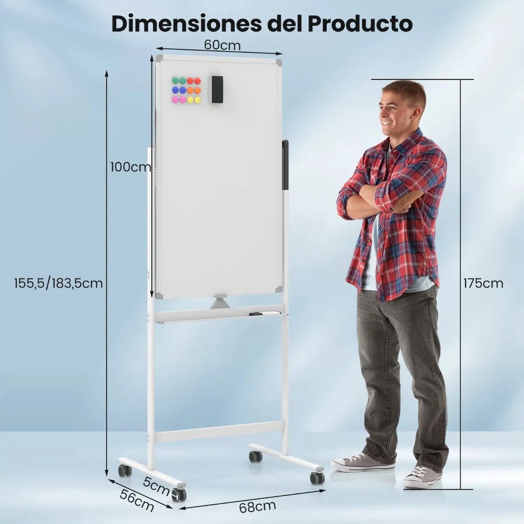 Quadro branco magnético móvel 60 x 100 de dupla face com suporte sobre rodas Altura ajustável para escritório Escola Branco