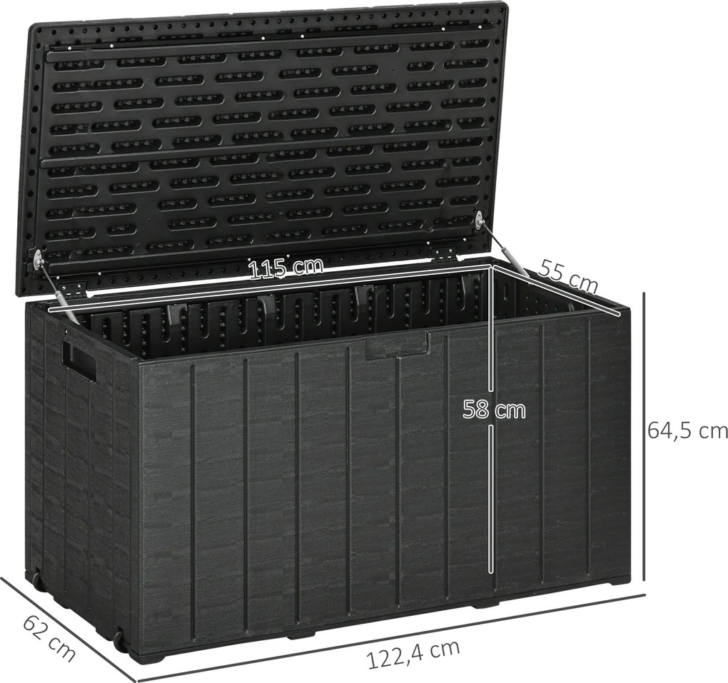 Baú de Armazenamento Exterior 366L com Parede Dupla Rodas Alças para Varanda Pátio Carga 100 kg 122,4x62x64,5 cm Preto