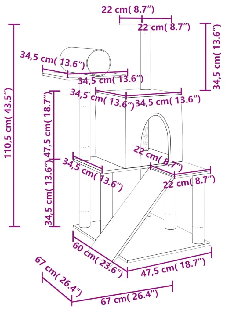 Árvore gatos c/ postes arranhadores sisal 110,5 cm cinza-claro