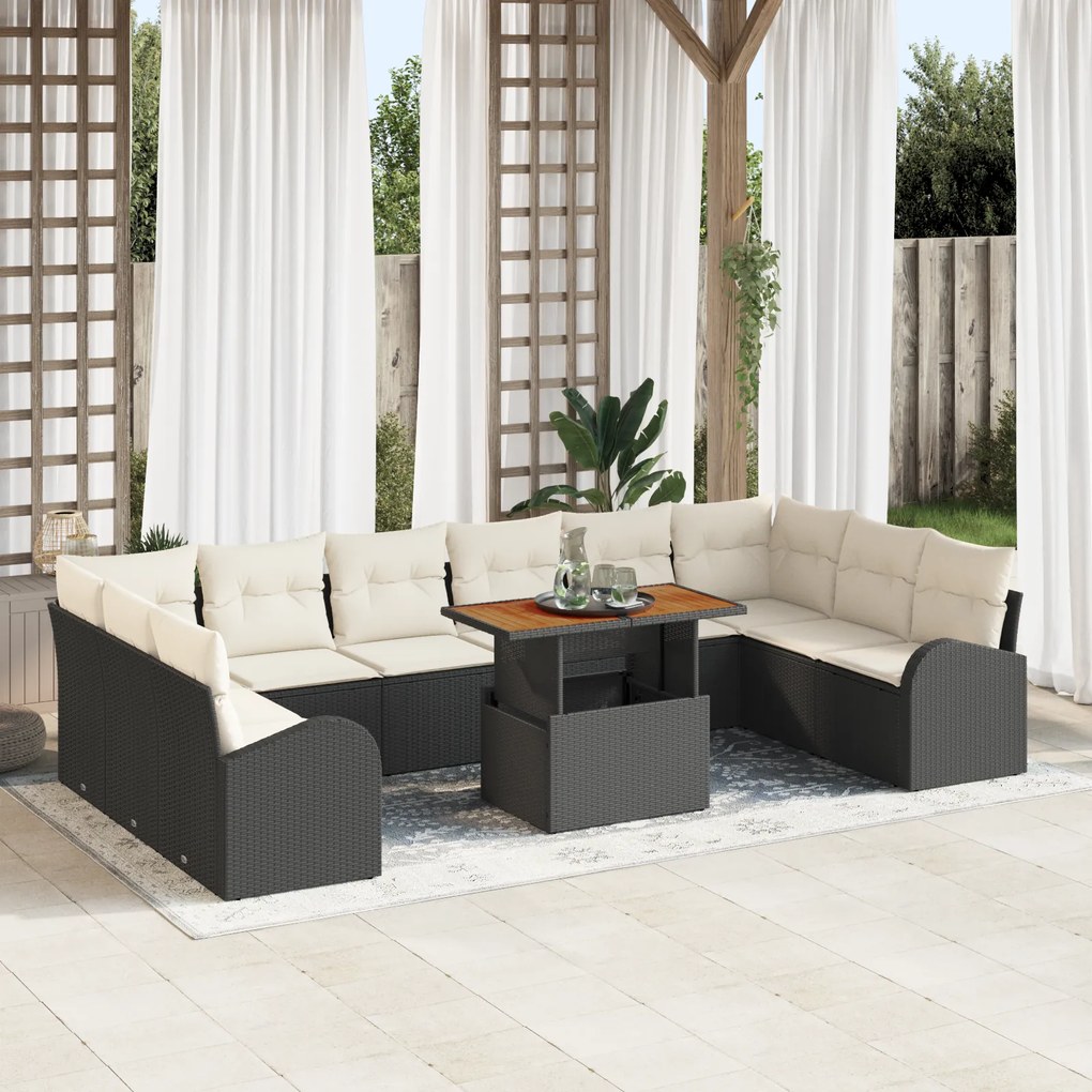 vidaXL Conjunto de Jantar de Jardim com 11 Peças e Almofadas em Rattan Preto Acácia