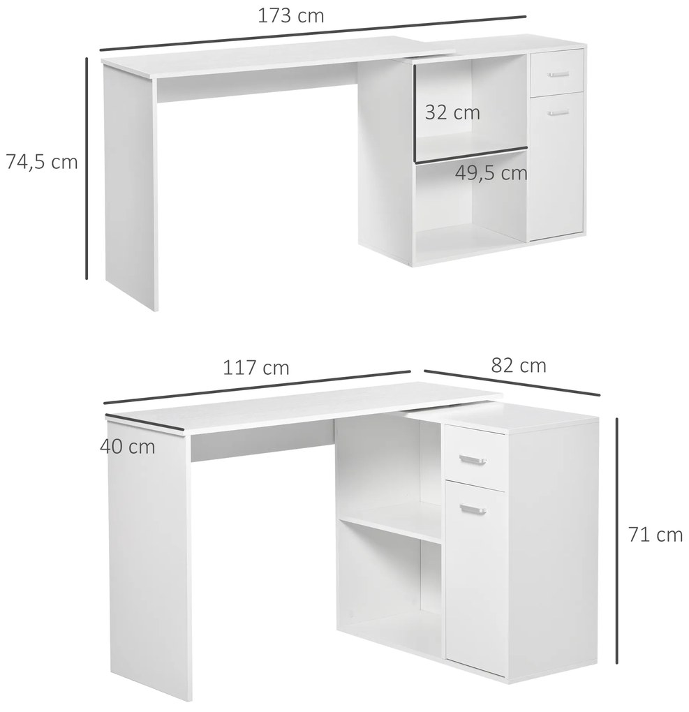 HOMCOM Secretária de Canto Secretária Giratória 180º com 2 Prateleiras 1 Gaveta 1 Armário para Escritório Casa 117x82x74cm Branco