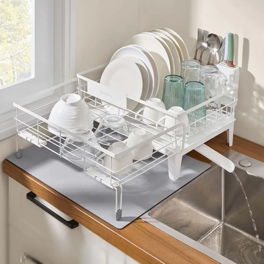 Escorredor de pratos (31-56) x 42 x 20 cm com tapete de silicone e ralo, branco mate-cinza