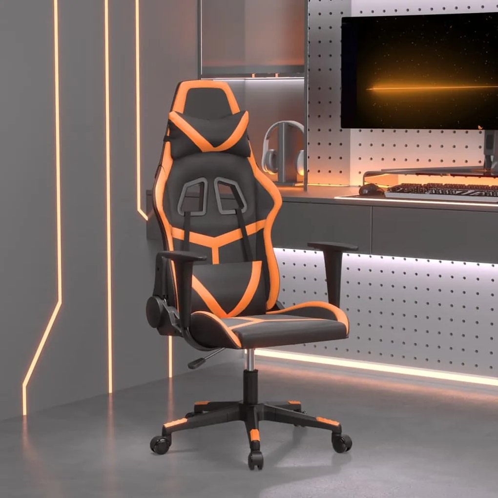 vidaXL Cadeira gaming massagens couro artificial preto e laranja