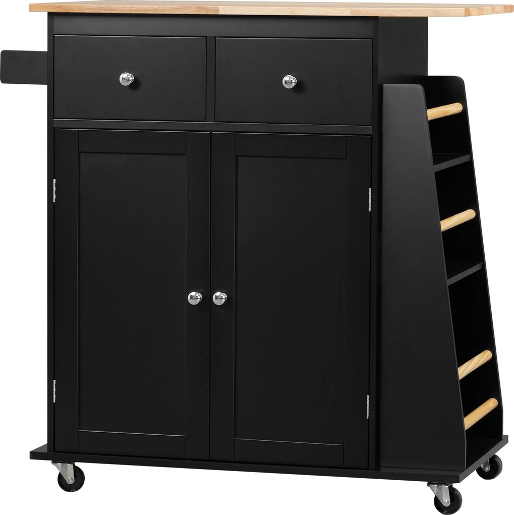 Mesa de cozinha para ilha de cozinha com bancada 80 x 45 x 89,5 cm, prateleira, suporte para garrafas, suporte para panos de cozinha, 2 gavetas e armá