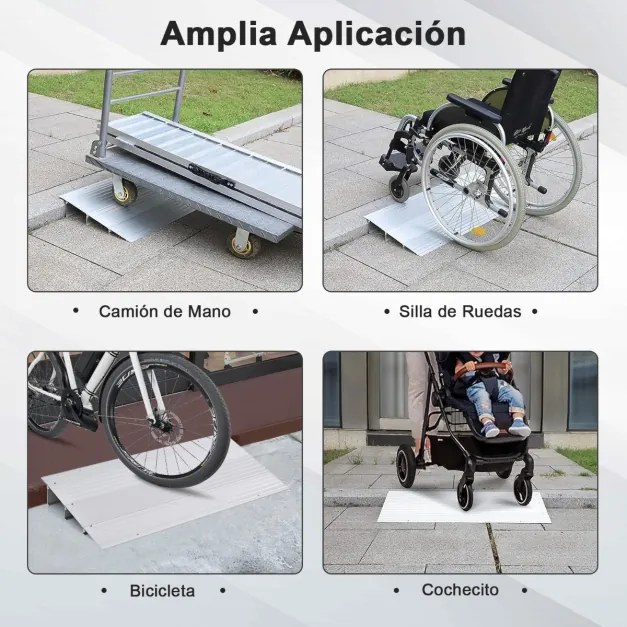 Rampa escadas cadeiras de rodas com moldura em alumínio e superfície antiderrapante Carga 317 kg para cadeiras roda 86,5 x 41,5 x 8,5 cm Prata