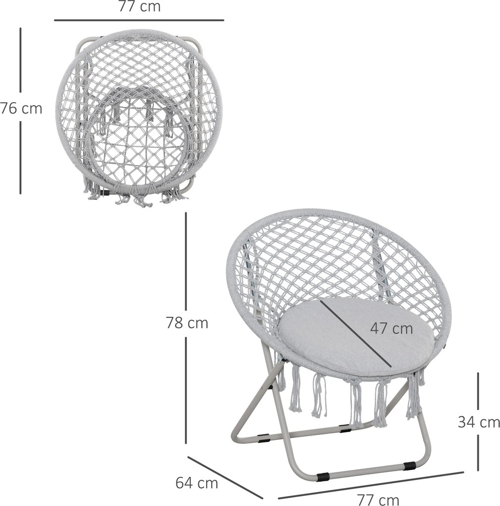 Poltrona redonda de jardim Loveuse, poltrona Papasan em forma de lua, dobrável, de grande conforto, em macramé de algodão e poliéster cinzento