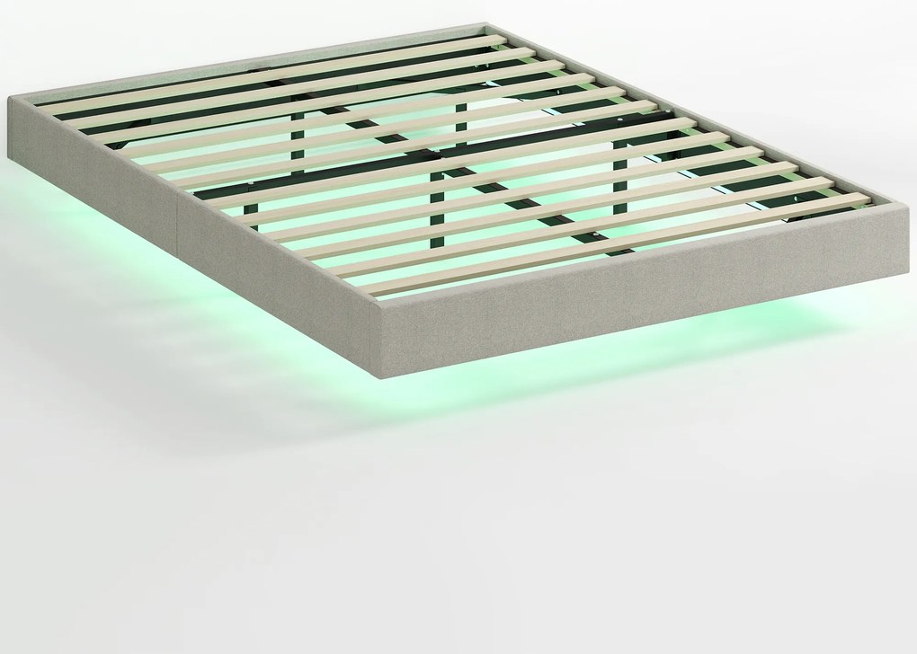 Estrutura de cama suspensa 140 x 190 cm com iluminação LED (COLCHÃO NÃO INCLUIDO), cama de casal estofada em linho, base de ripas de madeira, bege