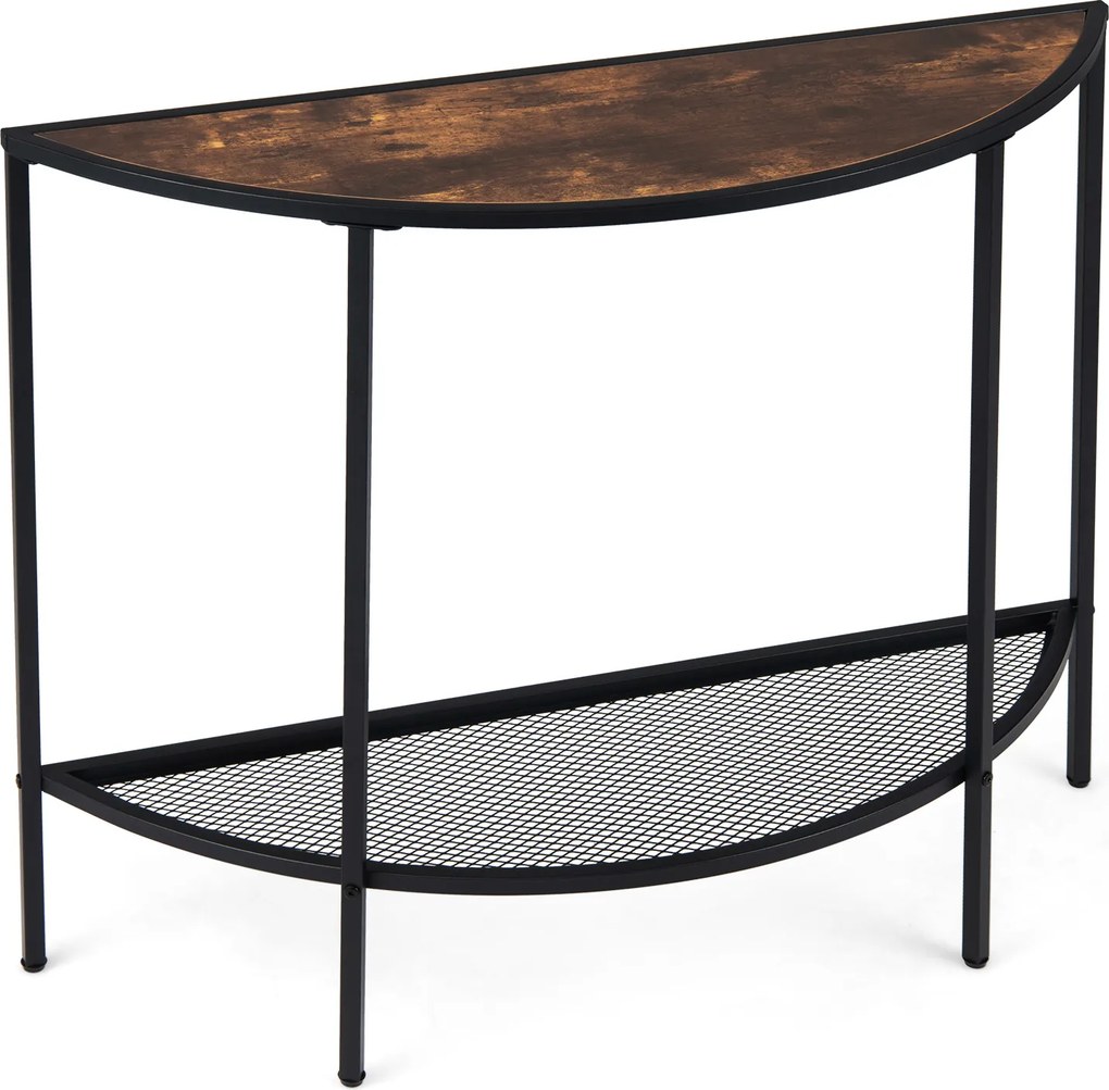 Mesa de Consola Semicircular, 92 x 30 x 80 cm, 2 Níveis de Arrumação, Castanho