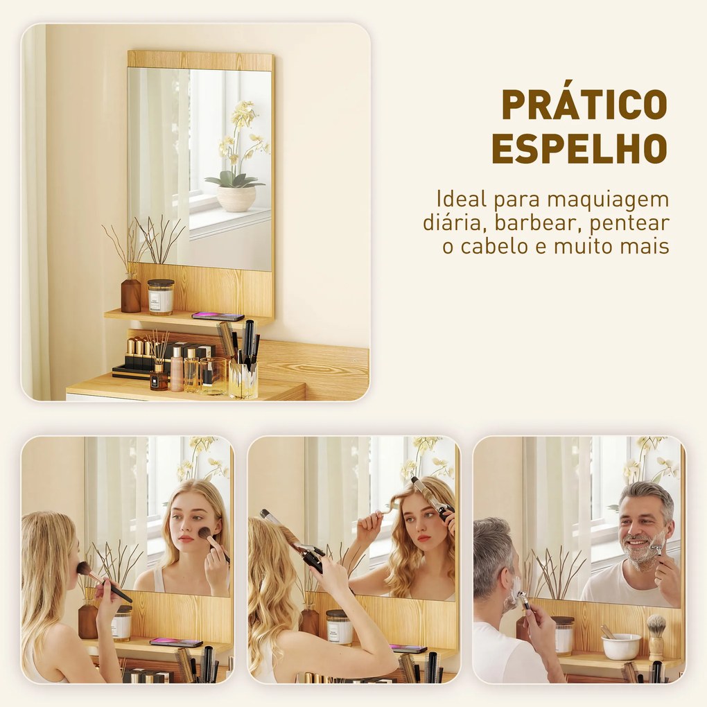 Conjunto de Móveis de Entrada de Parede com Espelho e Arrumação com Gaveta e 2 Prateleiras Abertas em Madeira Natural
