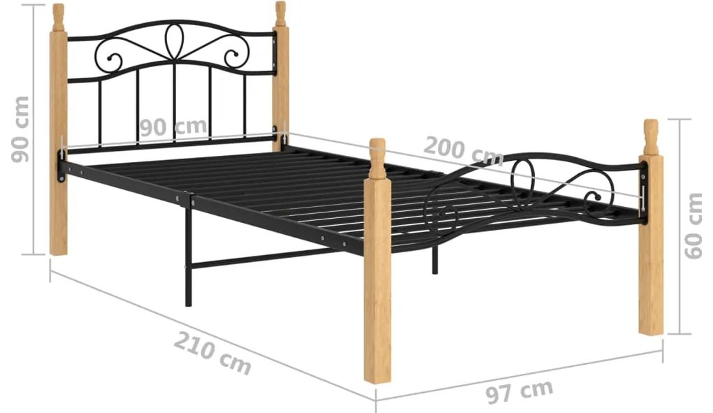 Estrutura de cama 90x200 cm metal/madeira carvalho maciça preto