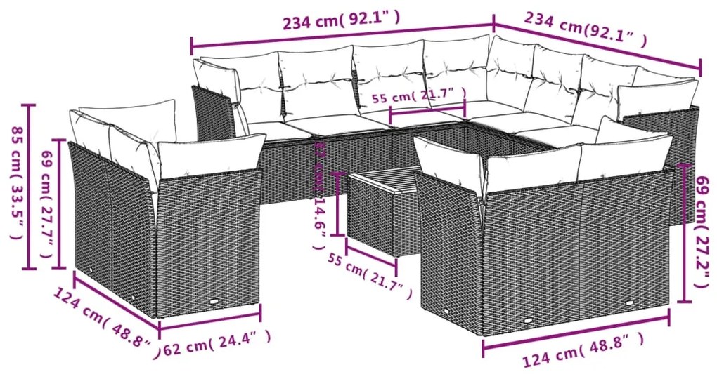 12 pcs conjunto de sofás de jardim c/ almofadões vime PE preto