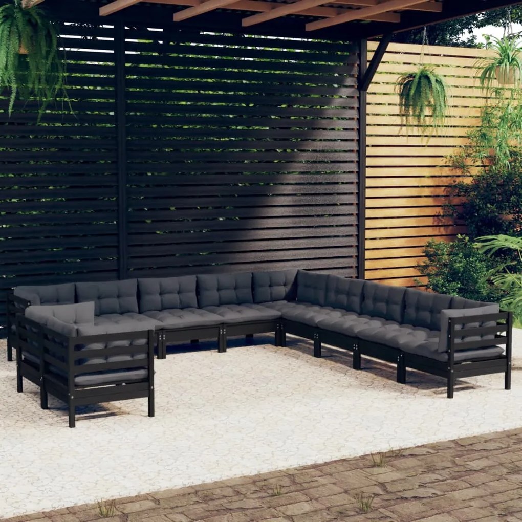 vidaXL 11 pcs conjunto lounge jardim c/ almofadões pinho maciço preto