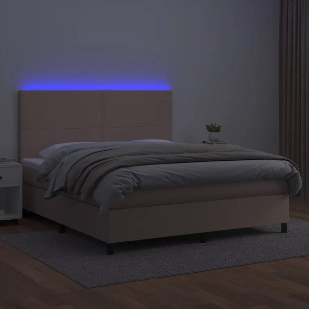 Cama box spring c/colchão/LED 180x200cm couro artif. cappuccino