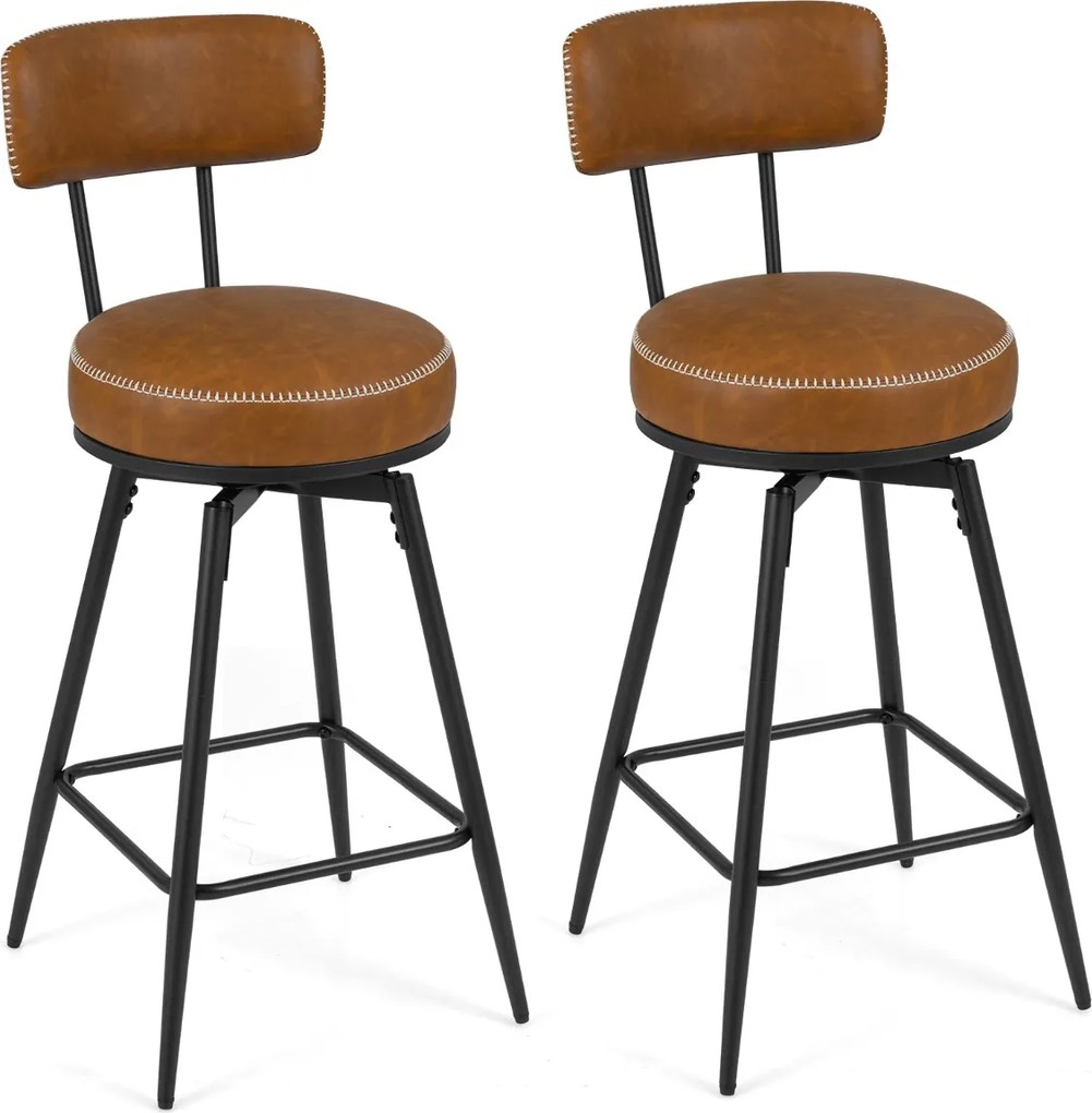 Conjunto de 2 Bancos de bar giratórios modernos 46 x 41 x 98 cm, encosto almofadado, apoio para os pés, pernas metálicas, couro sintético com costuras
