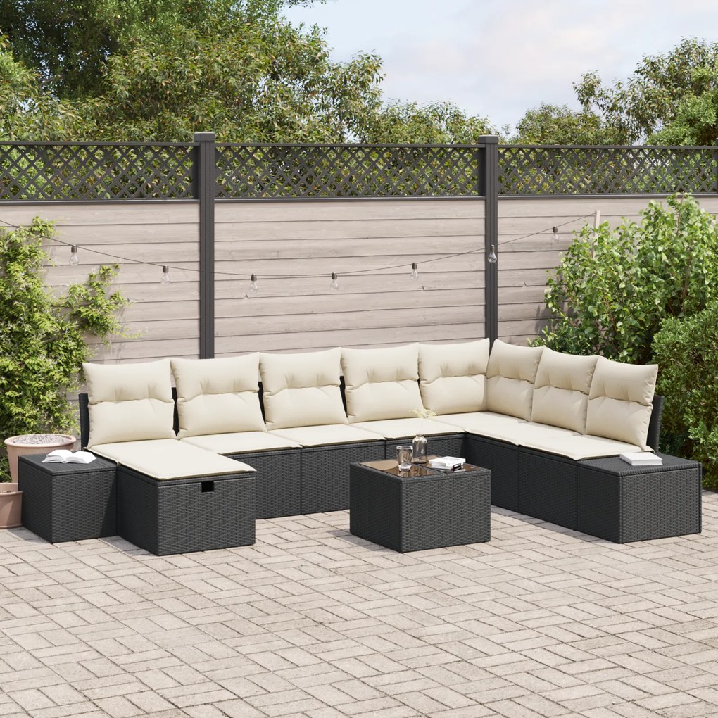 Conjunto de Sofá de Jardim de 9 peças com Almofadas Preto Rattan Polié
