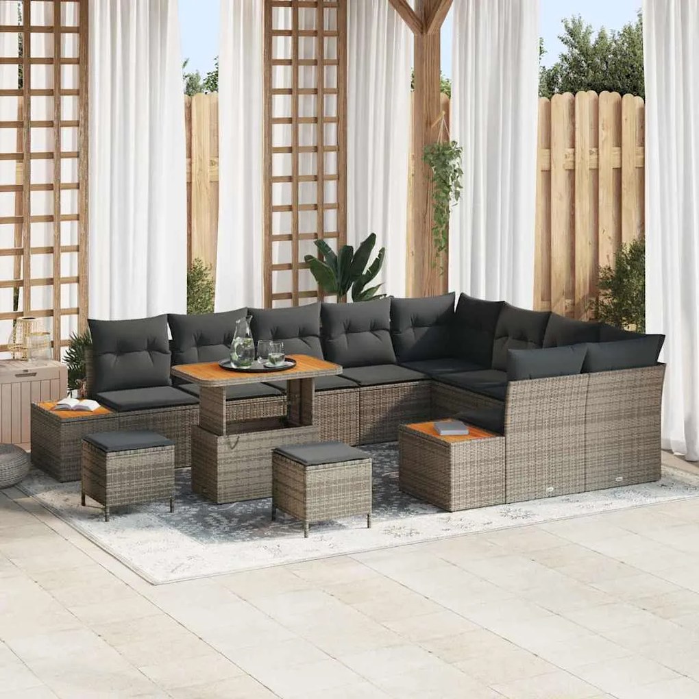 vidaXL Conjunto de Sofá de Jardim com 12 Peças e Almofadas Cinzas em Rattan Sintético e Madeira de Acácia.