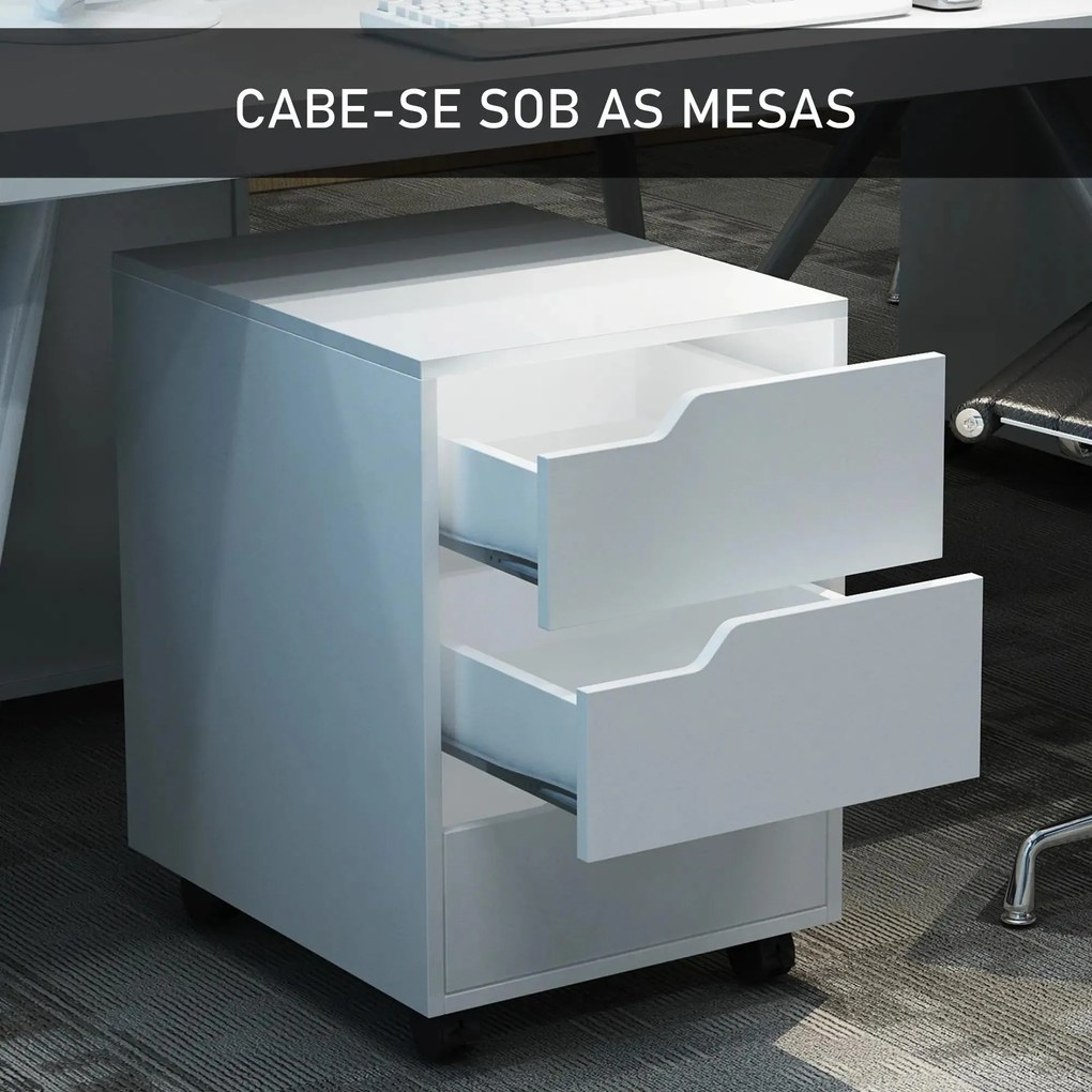 Bloco de Gavetas para Escritório Móvel de Escritório Bloco de Gavetas com 3 Gavetas e 4 Rodas 40x50x57,5 cm Branco