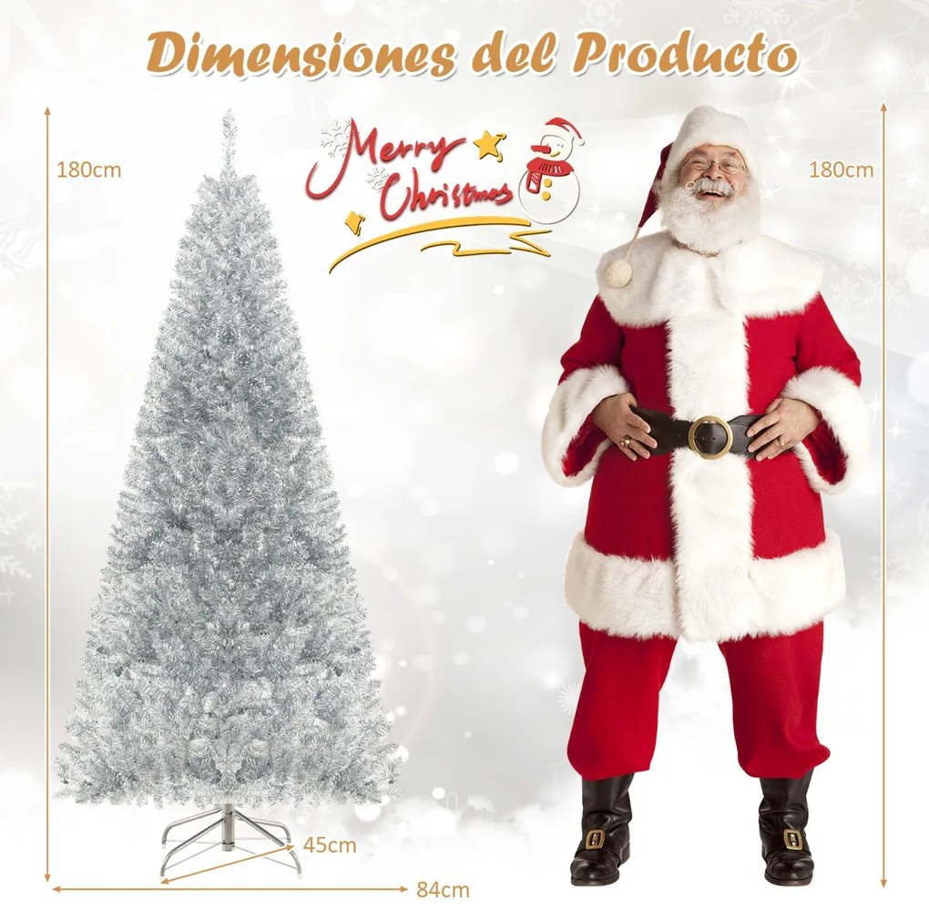 Árvore de Natal artificial de 180 cm com 790 luzes verdes e 300 luzes LED brancas brilhantes Prateada